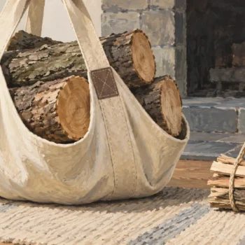 A heavily loaded canvas log sling beside a small bundle of kindling