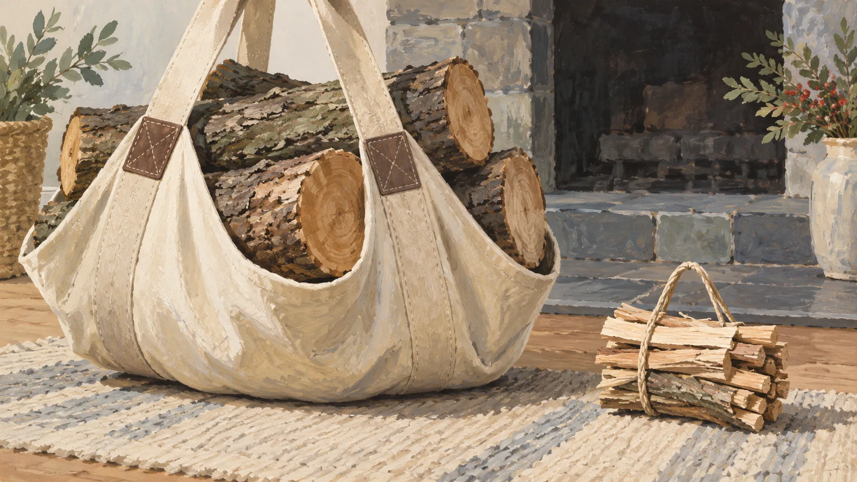 A heavily loaded canvas log sling beside a small bundle of kindling