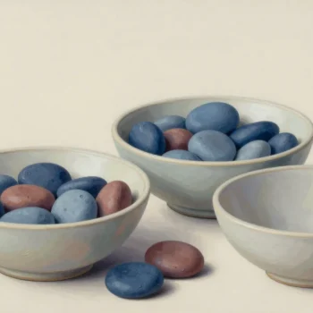 Three pale ceramic bowls, two filled with blue and terracotta stones and one empty, beside two loose stones.