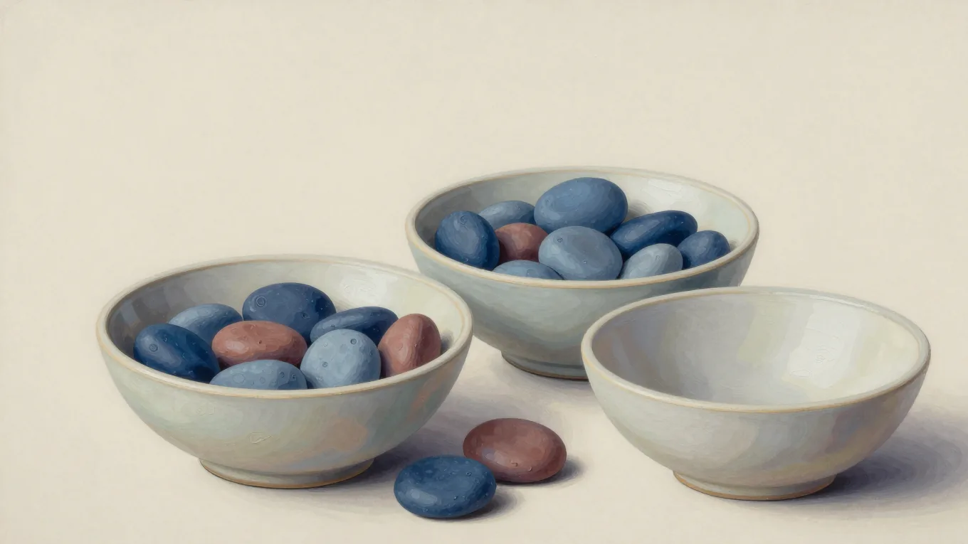 Three pale ceramic bowls, two filled with blue and terracotta stones and one empty, beside two loose stones.