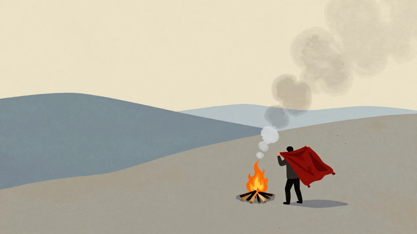A person lifting a red blanket over a campfire, sending puffs of smoke across a valley at dusk