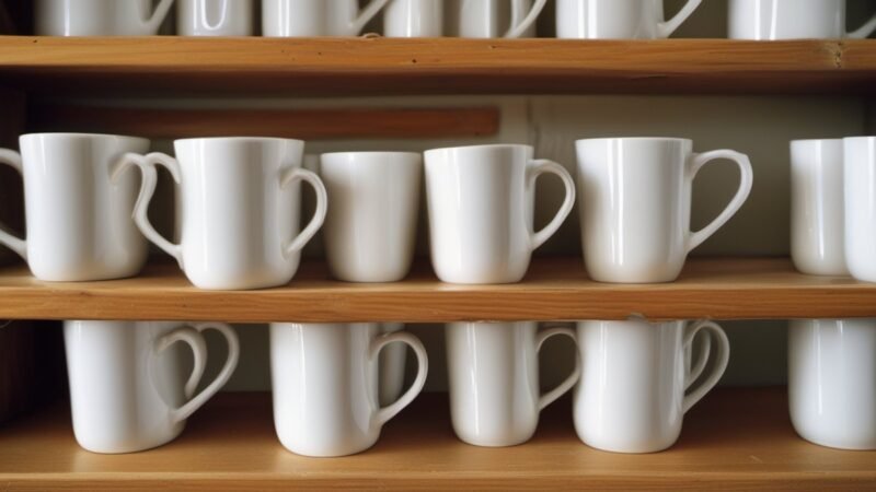 Rows of white coffee mugs on shelves, ready for the work week