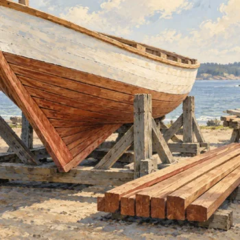 A boat keel with boards aligned along it and another small group lying crosswise