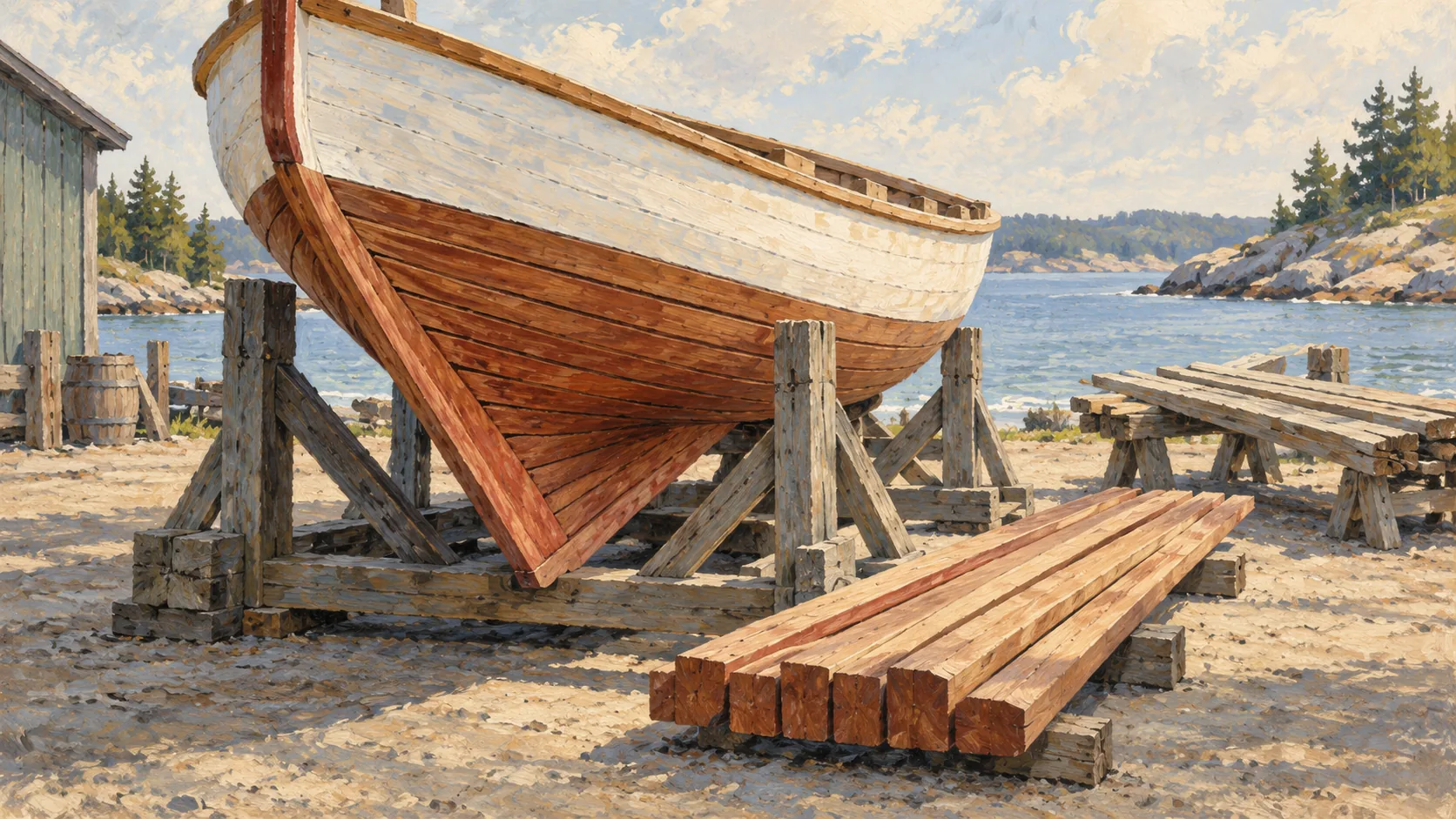 A boat keel with boards aligned along it and another small group lying crosswise