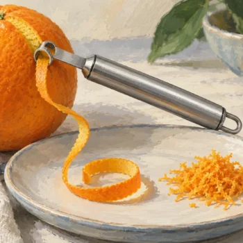 A channel zester preserves one curled orange ribbon beside a heap of fine zest