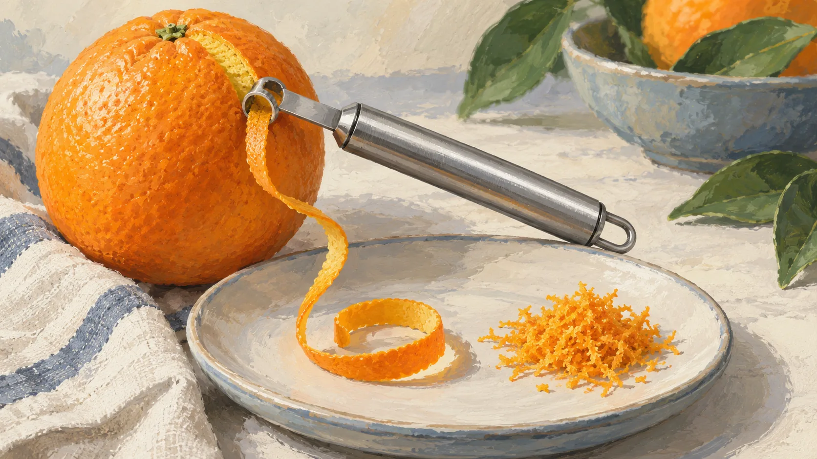 A channel zester preserves one curled orange ribbon beside a heap of fine zest