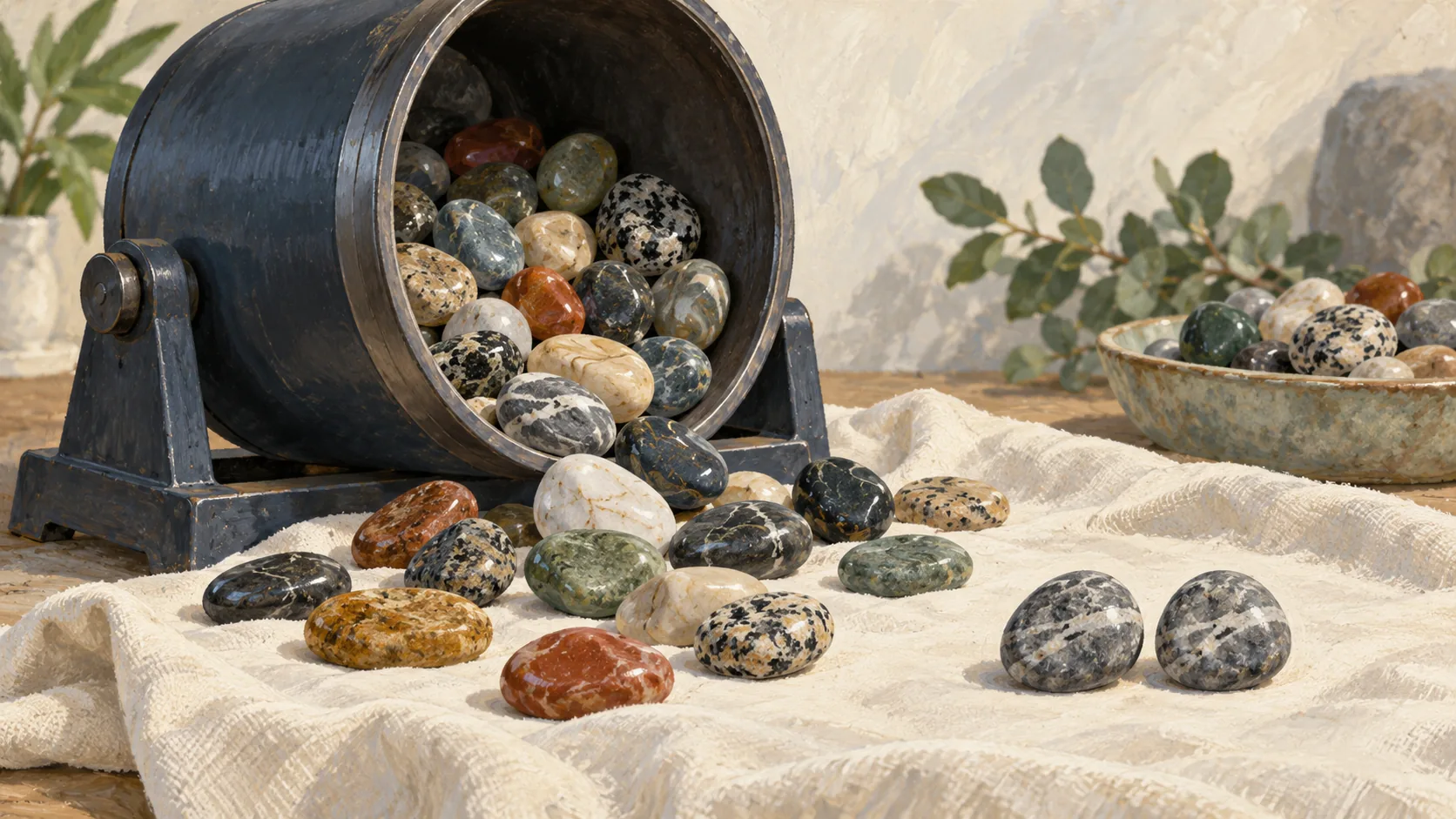 A pebble tumbler holds varied stones while two similar stones lie beside it