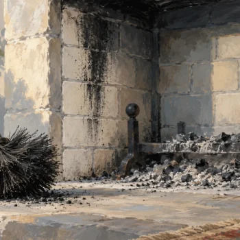 A chimney brush with soot on its bristles beside marked and clean hearth bricks