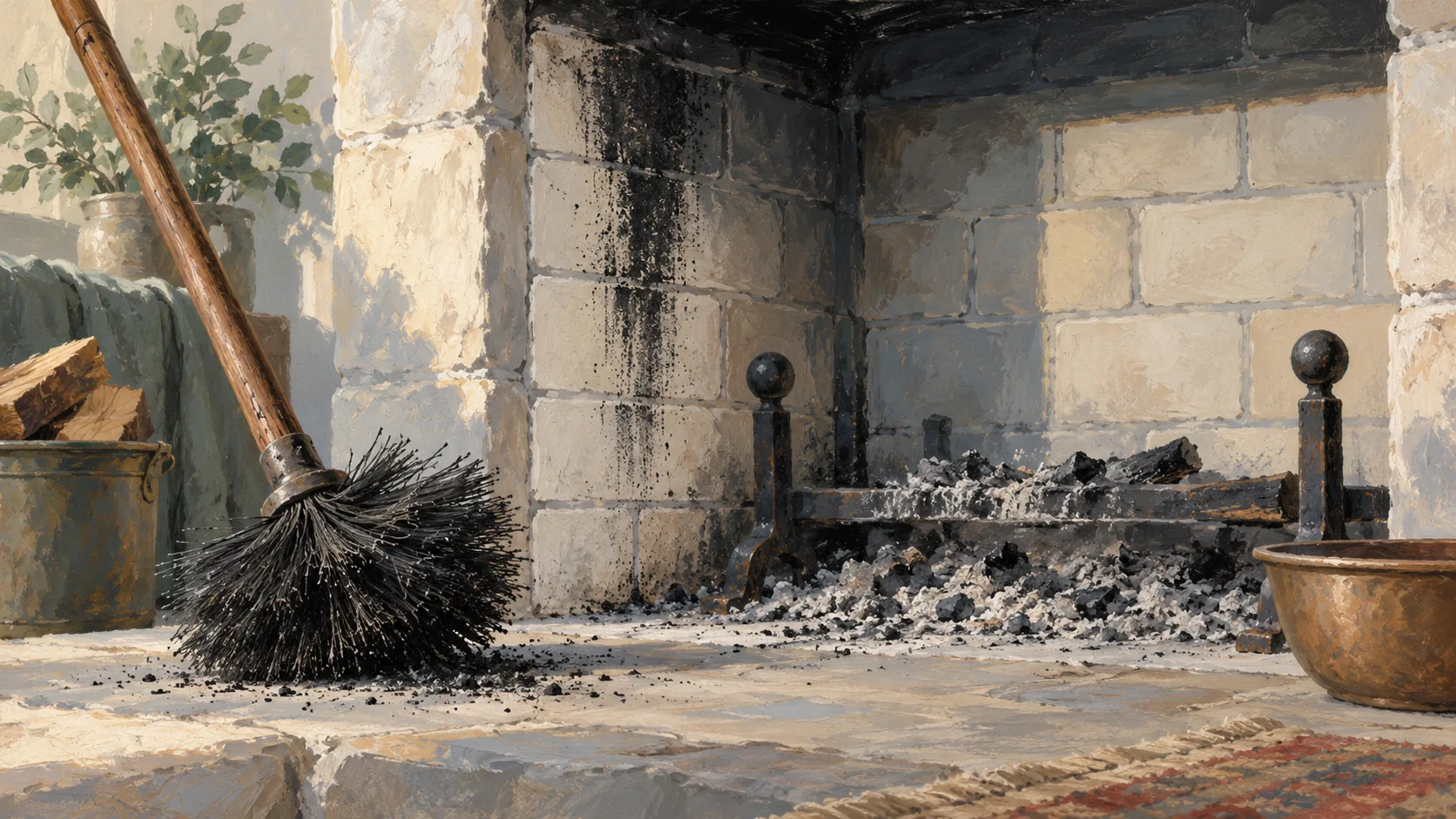 A chimney brush with soot on its bristles beside marked and clean hearth bricks