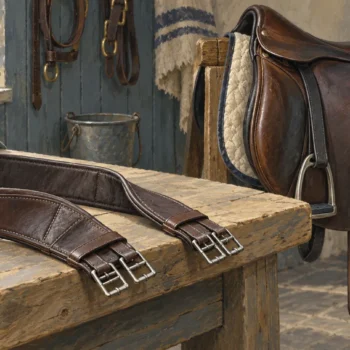 An unbuckled spare girth lies beside a saddle awaiting a replacement strap