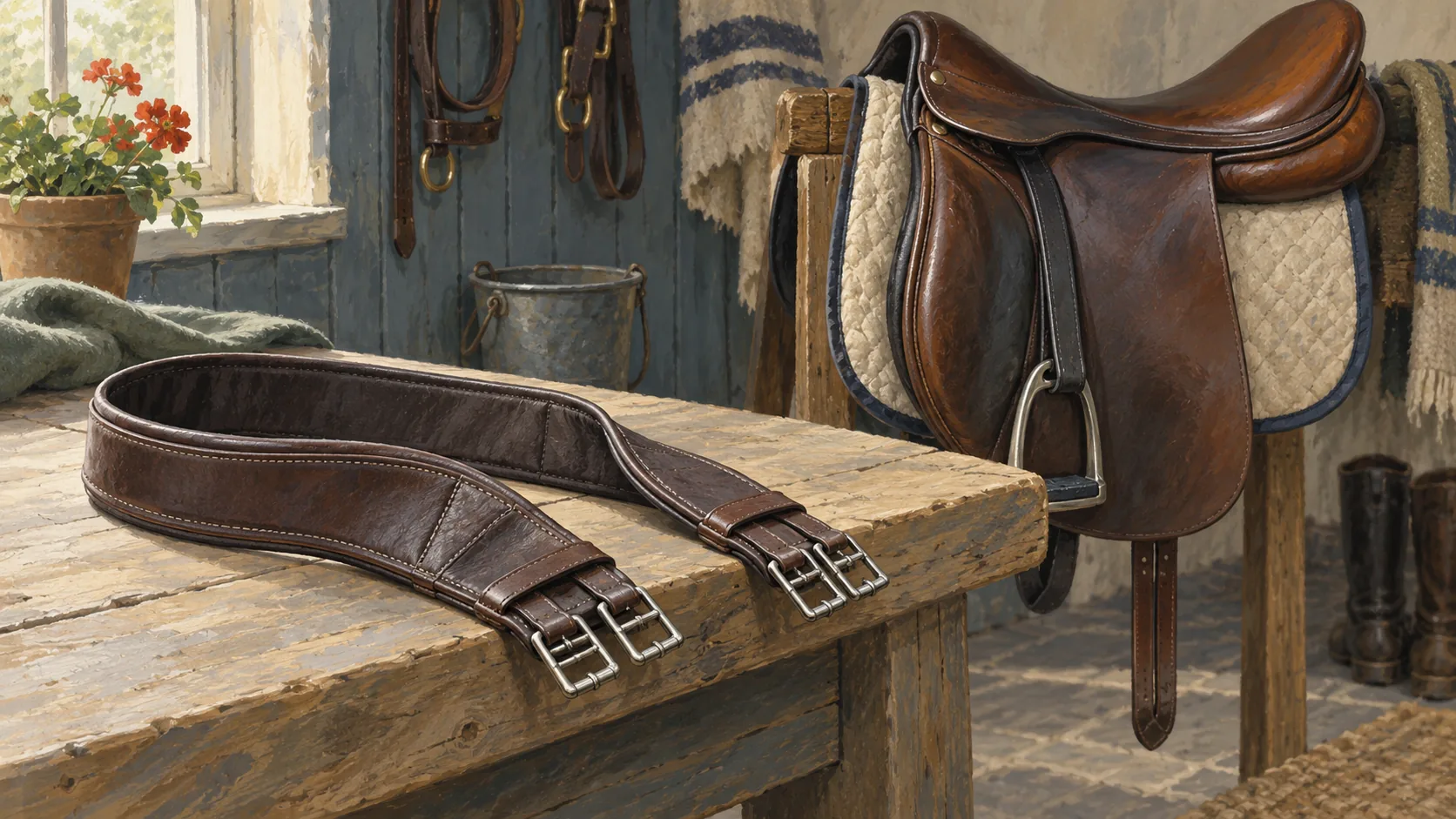 An unbuckled spare girth lies beside a saddle awaiting a replacement strap