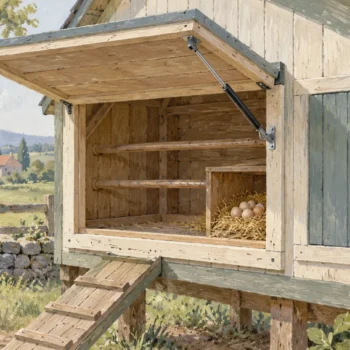 An open henhouse hatch with a simple linkage beside a closed plain shutter