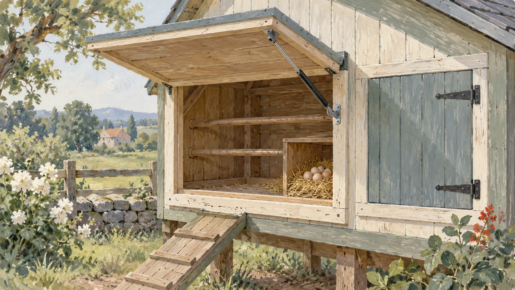 An open henhouse hatch with a simple linkage beside a closed plain shutter