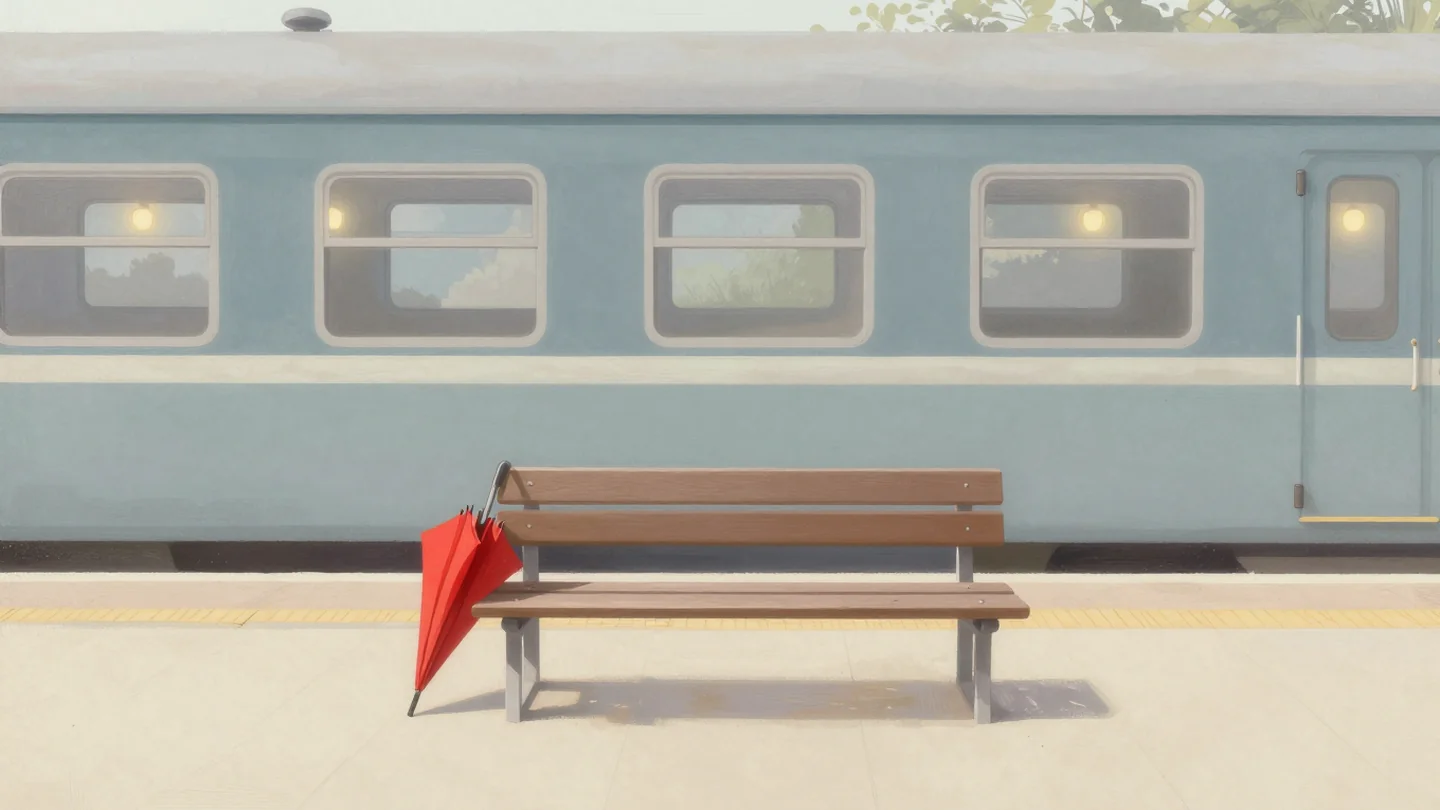 Gouache painting: a quiet country train platform in soft morning light, a row of empty wooden benches waiting, and one vermilion umbrella leaning against the last bench