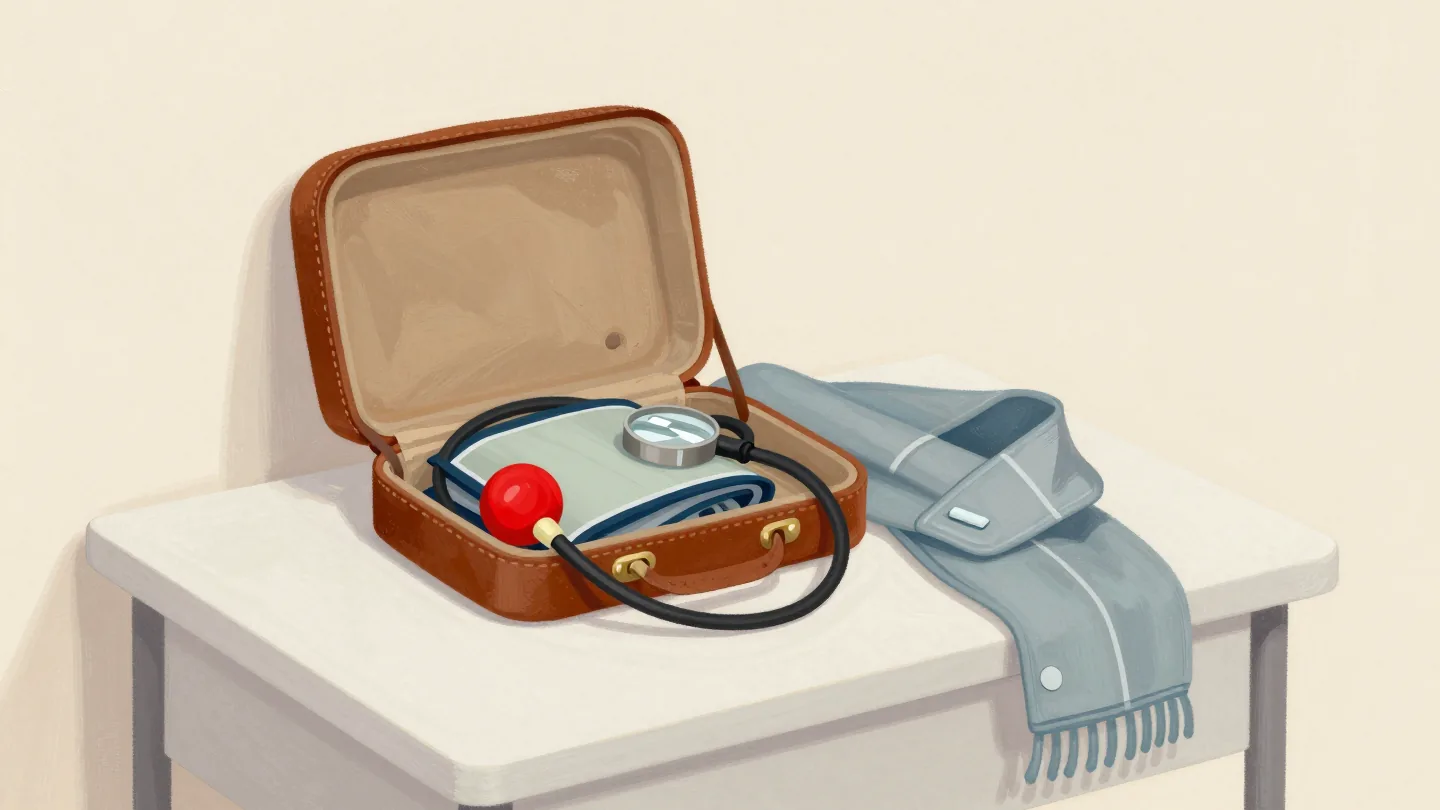 An open doctor's bag on a hall table with a blood pressure cuff and a red reflex hammer inside