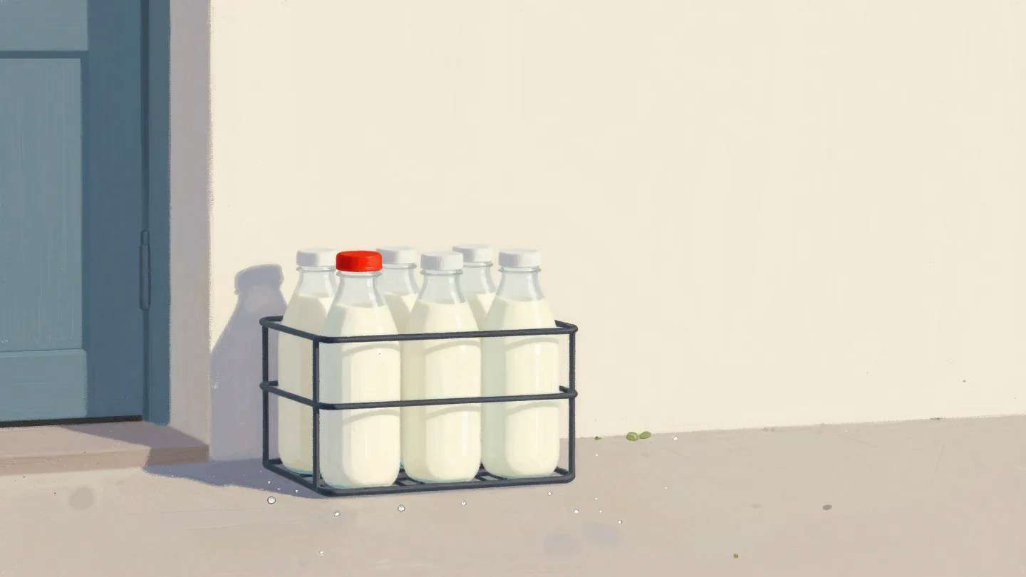 A milk crate on a doorstep with five bottles and two empty slots, one bottle with a red cap