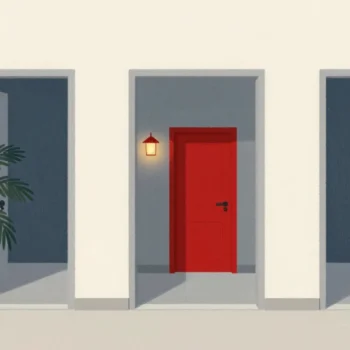 Gouache painting: a convention corridor with three open doorways and a potted palm, one door painted vermilion