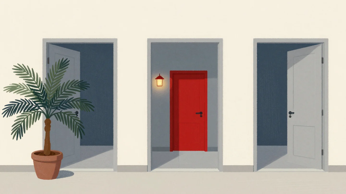 Gouache painting: a convention corridor with three open doorways and a potted palm, one door painted vermilion