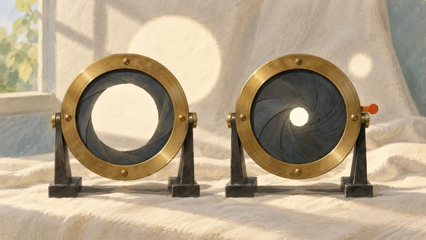 Matching brass iris rings have wide and narrow openings with different light patches behind them