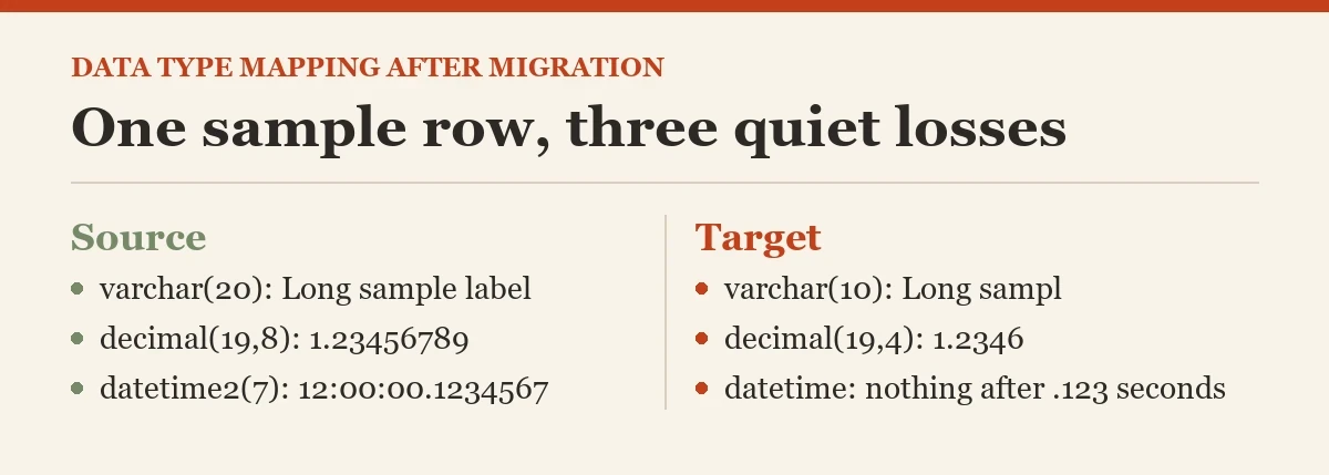One sample row, three quiet losses: a checklist on the data type mapping