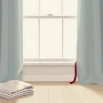 Old curtains hung in a new home's window after a move, ending a hand's width short of the sill.