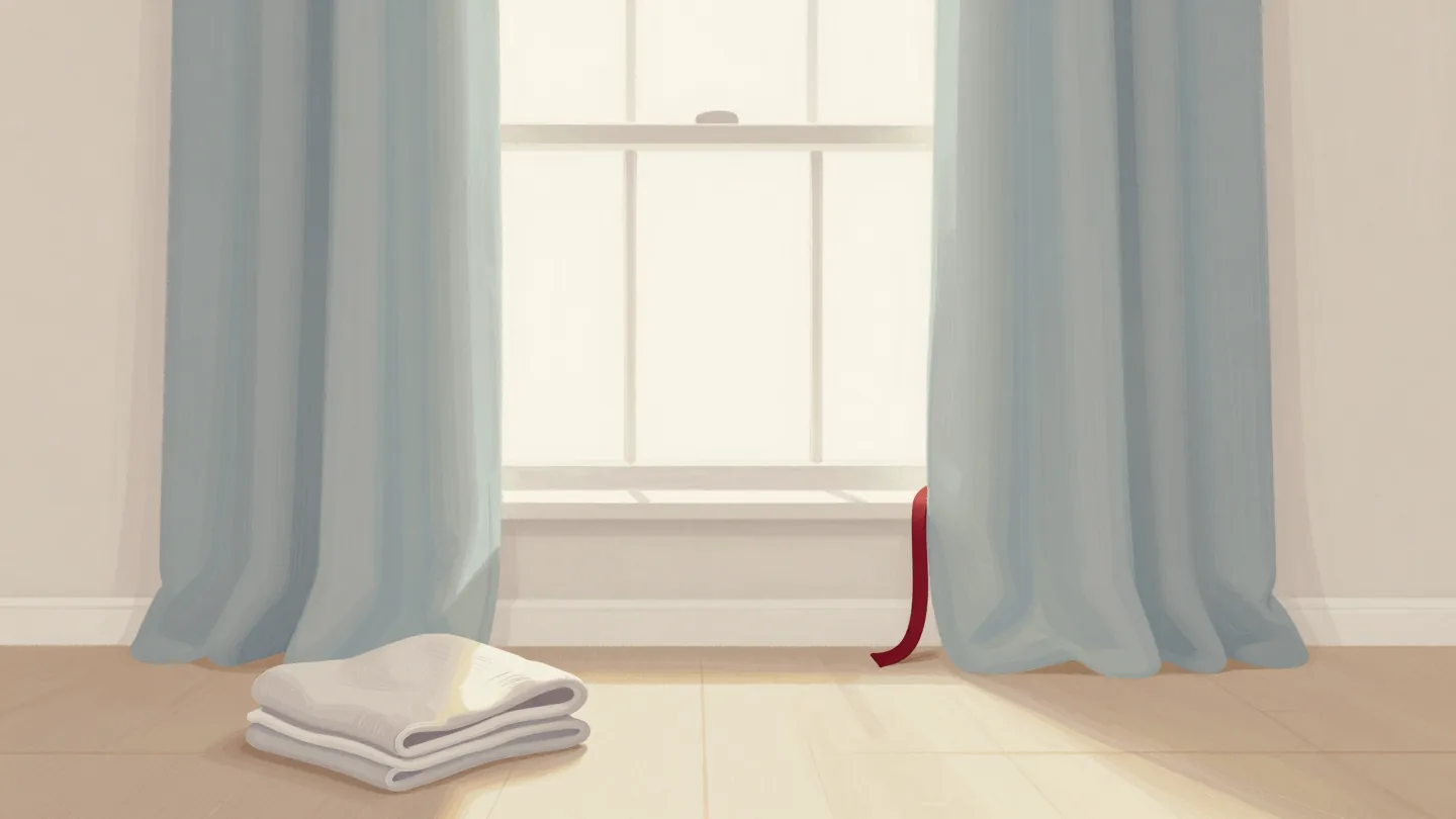 Old curtains hung in a new home's window after a move, ending a hand's width short of the sill.