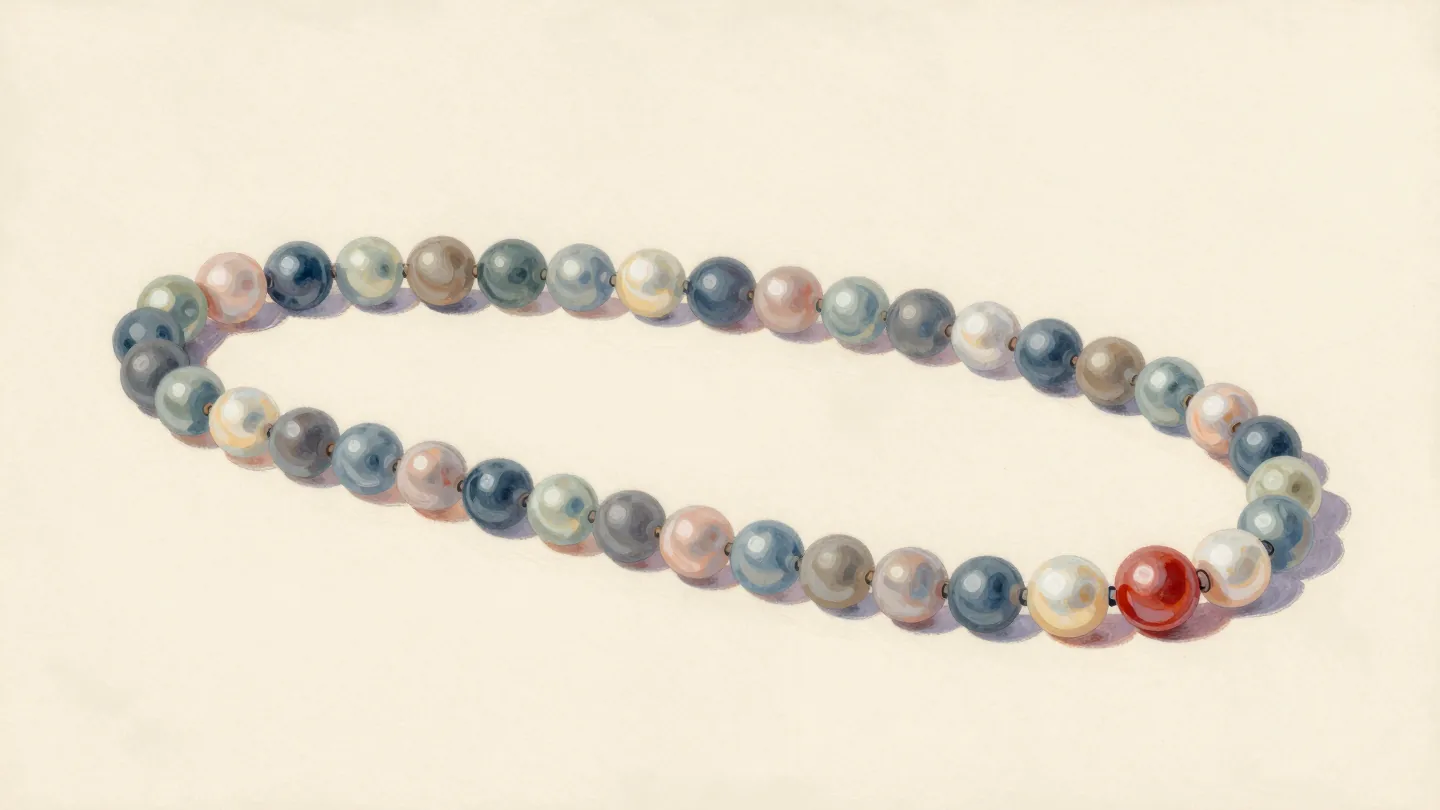 Two pearl strands side by side on velvet, matched bead for bead, one pearl in the second strand a warmer shade.
