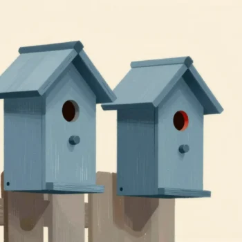 Two matching slate blue birdhouses on a fence post, one with a higher entry hole and no perch.