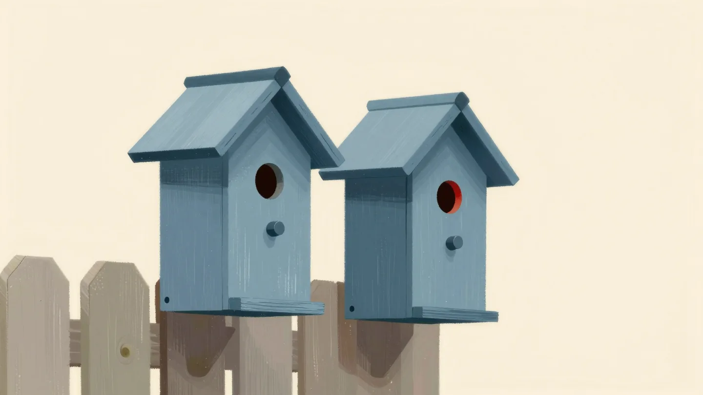 Two matching slate blue birdhouses on a fence post, one with a higher entry hole and no perch.