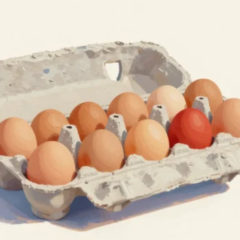 An egg carton with some empty cups kept in place and one red painted egg