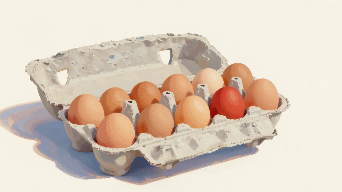 An egg carton with some empty cups kept in place and one red painted egg
