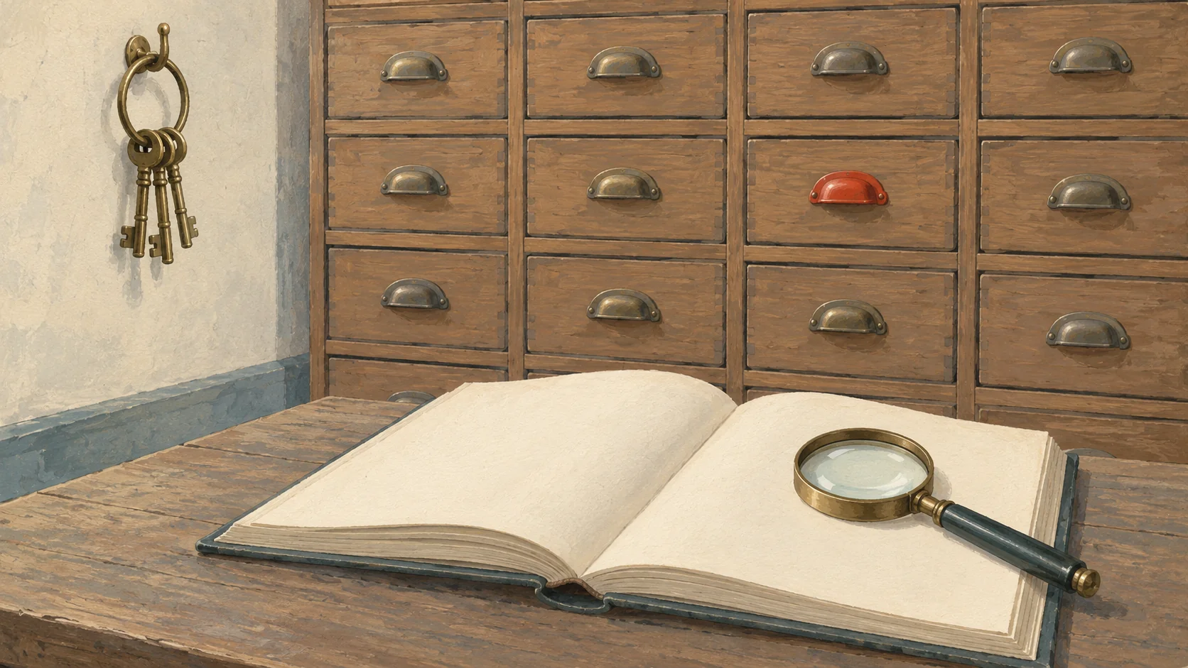 Gouache painting of a tidy archive room with rows of plain wooden drawers, a brass key ring hanging on a hook and a magnifying glass resting on an open ledger with blank pages, one drawer handle painted vermilion.
