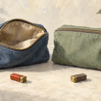 Two fabric pouches and their zipper pulls preserve different open and closed positions