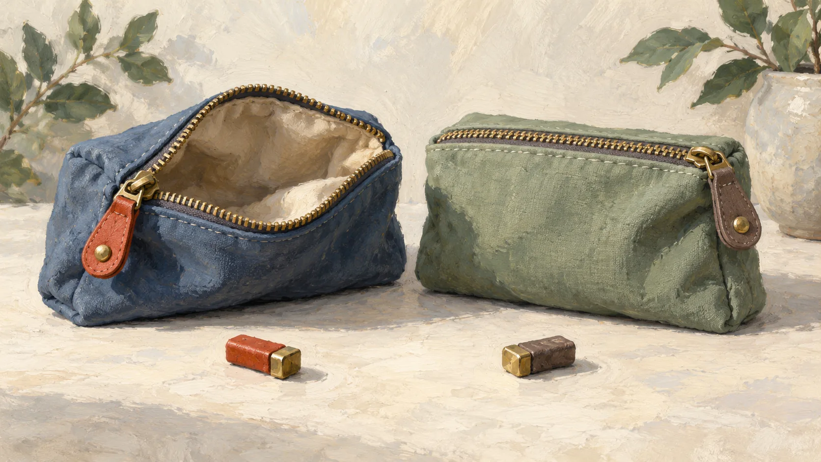 Two fabric pouches and their zipper pulls preserve different open and closed positions