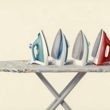 Four irons heating beside one small handkerchief on an ironing board, a hand unplugging the spare ones.