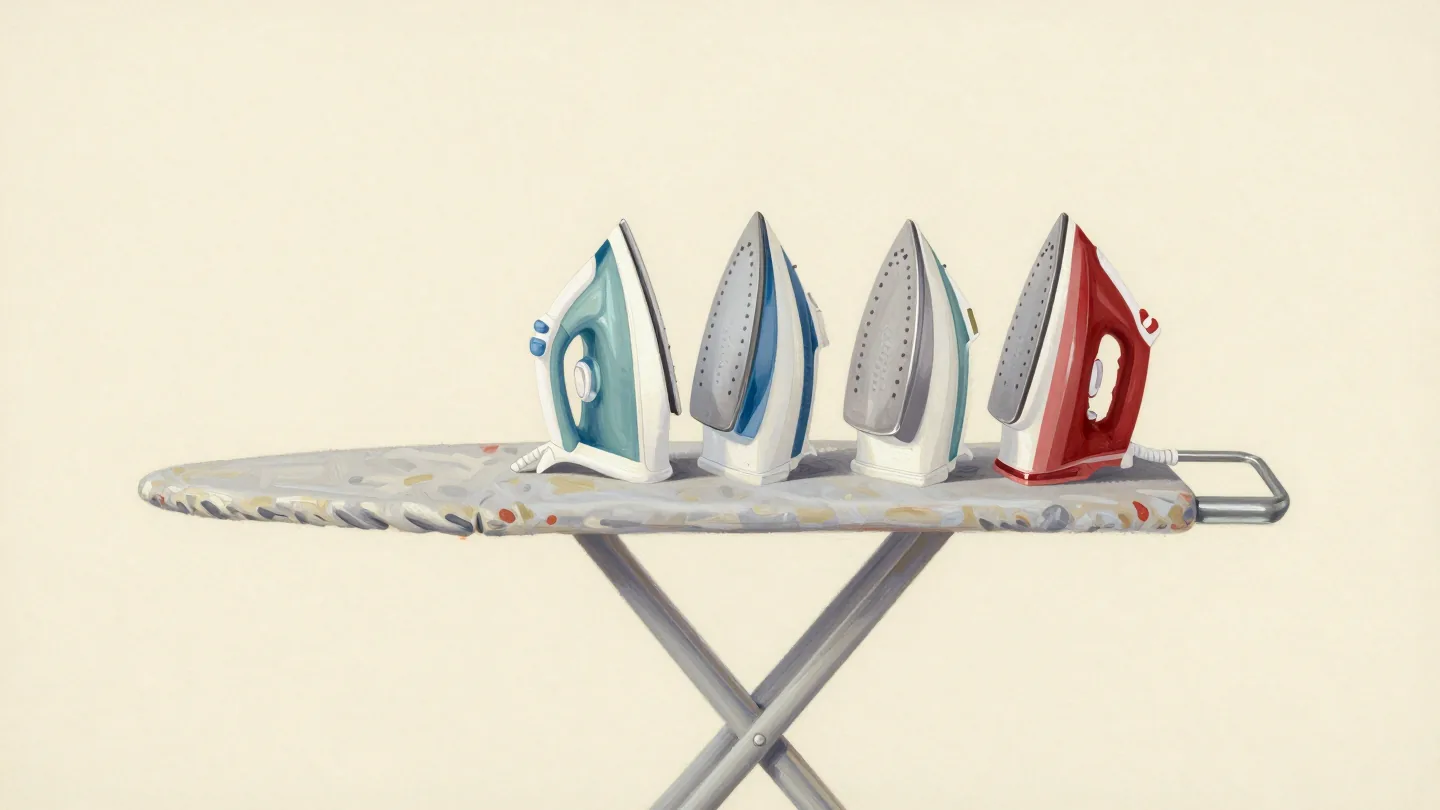 Four irons heating beside one small handkerchief on an ironing board, a hand unplugging the spare ones.