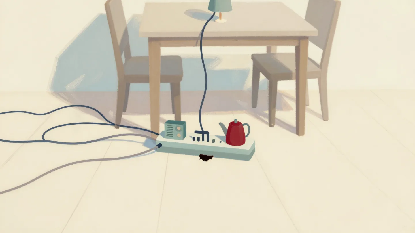 A power strip under a table with cables to a lamp, a radio and a kettle, one cord vanishing through the floor.