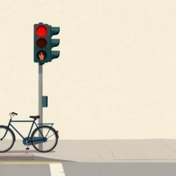 A hand pressing a crossing button again, its small red wait lamp already glowing, a bicycle at the curb