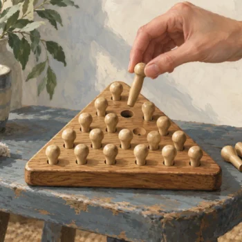 A hand lowers one peg toward an accessible hole in a triangular solitaire board