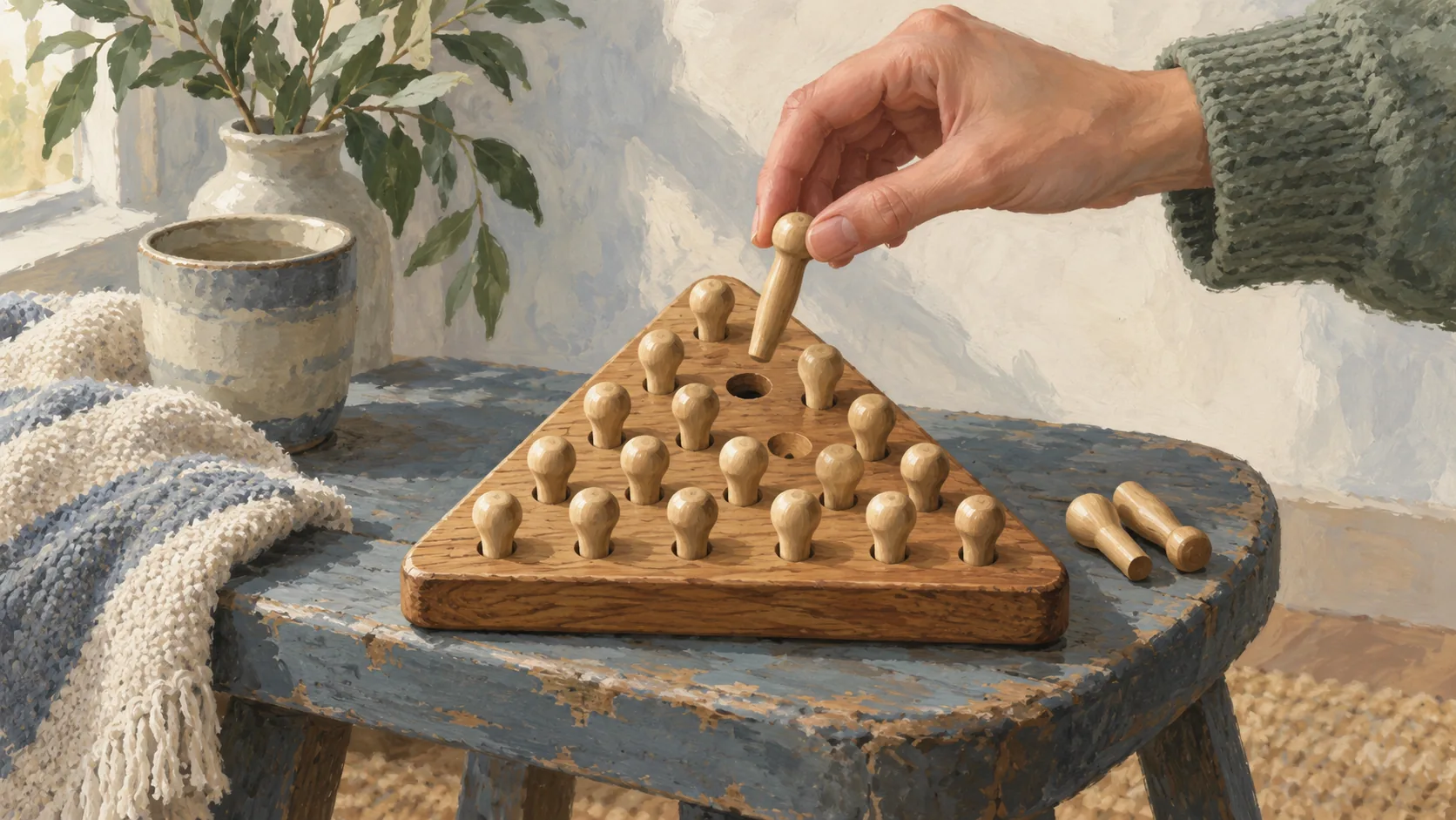 A hand lowers one peg toward an accessible hole in a triangular solitaire board