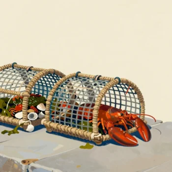 Two lobster pots on a harbor quay, one crammed with seaweed and shells, the other holding one lobster.