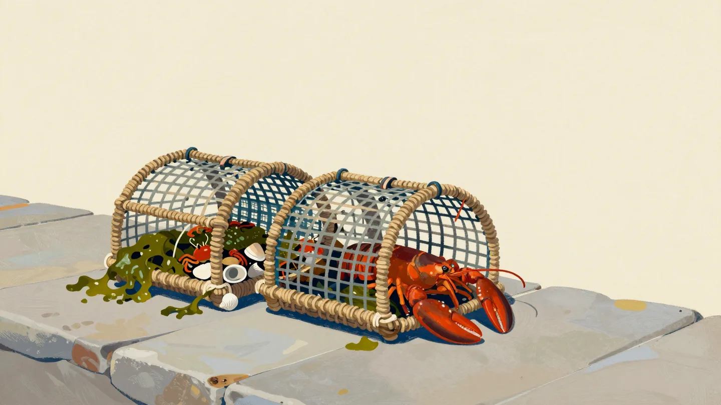 Two lobster pots on a harbor quay, one crammed with seaweed and shells, the other holding one lobster.