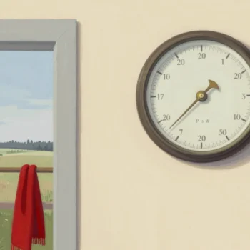 A hand tapping an old barometer on a farmhouse hallway wall, a field and changing sky through the open door.