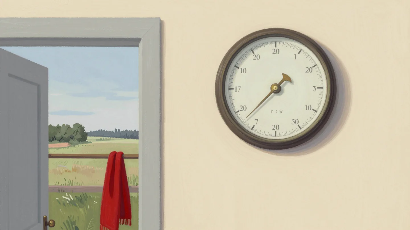 A hand tapping an old barometer on a farmhouse hallway wall, a field and changing sky through the open door.