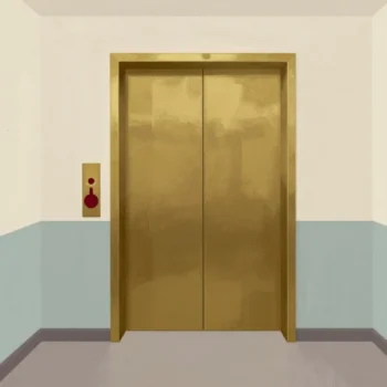 A finger pressing an already glowing lift call button a second time beside a closed brass lift door.
