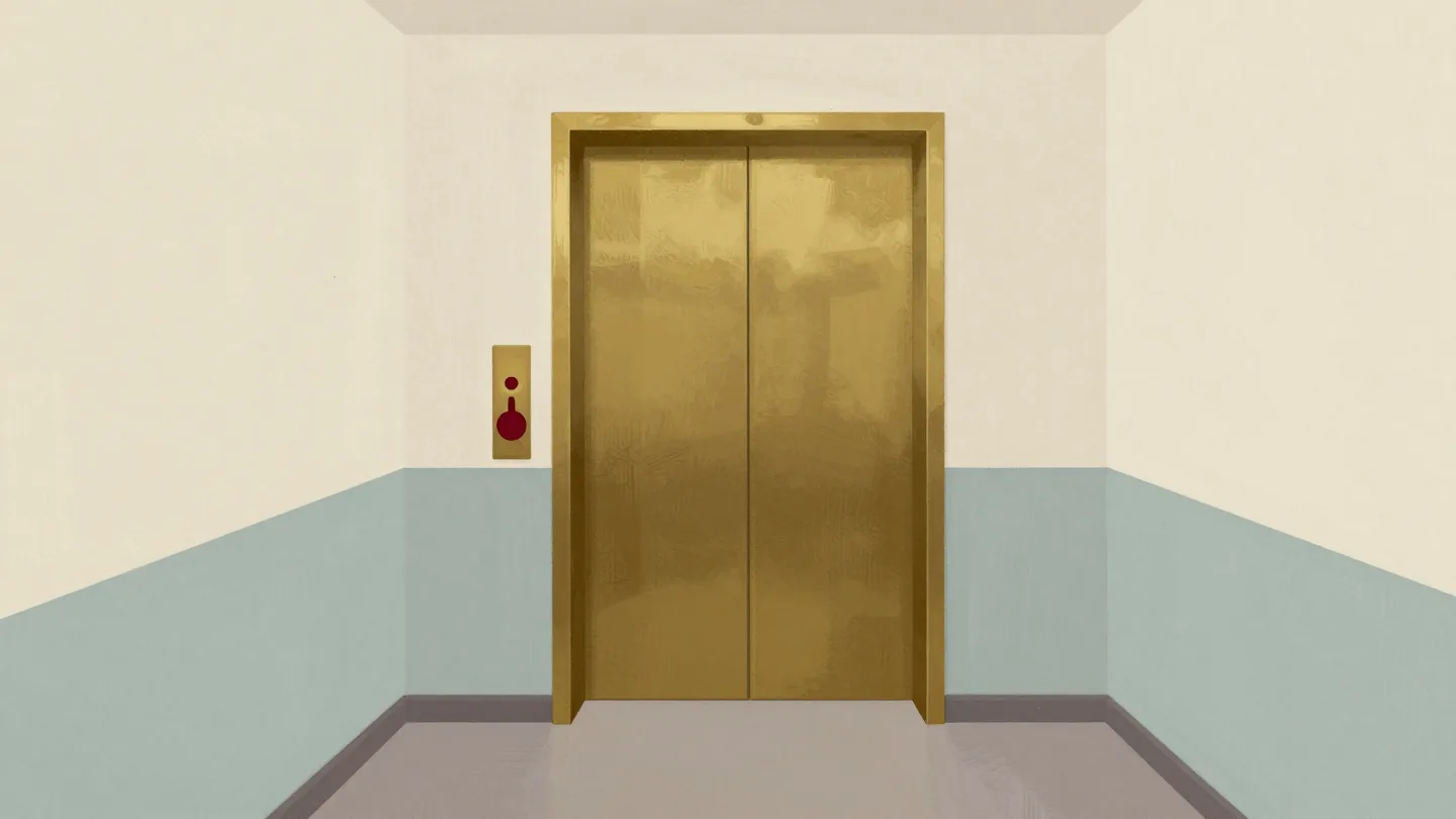 A finger pressing an already glowing lift call button a second time beside a closed brass lift door.