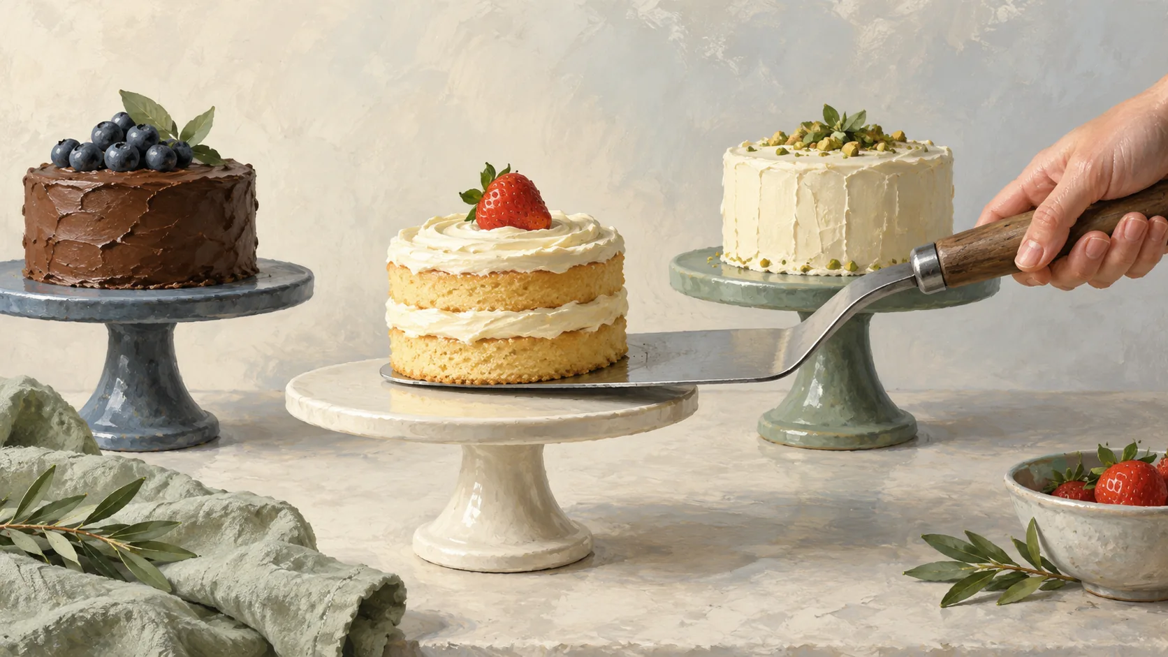 A cake lifter removes one cake layer while neighboring layers remain untouched