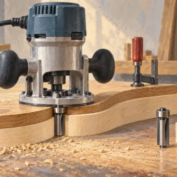 A router bearing follows a curved wooden guide while a spare bit lacks a guide