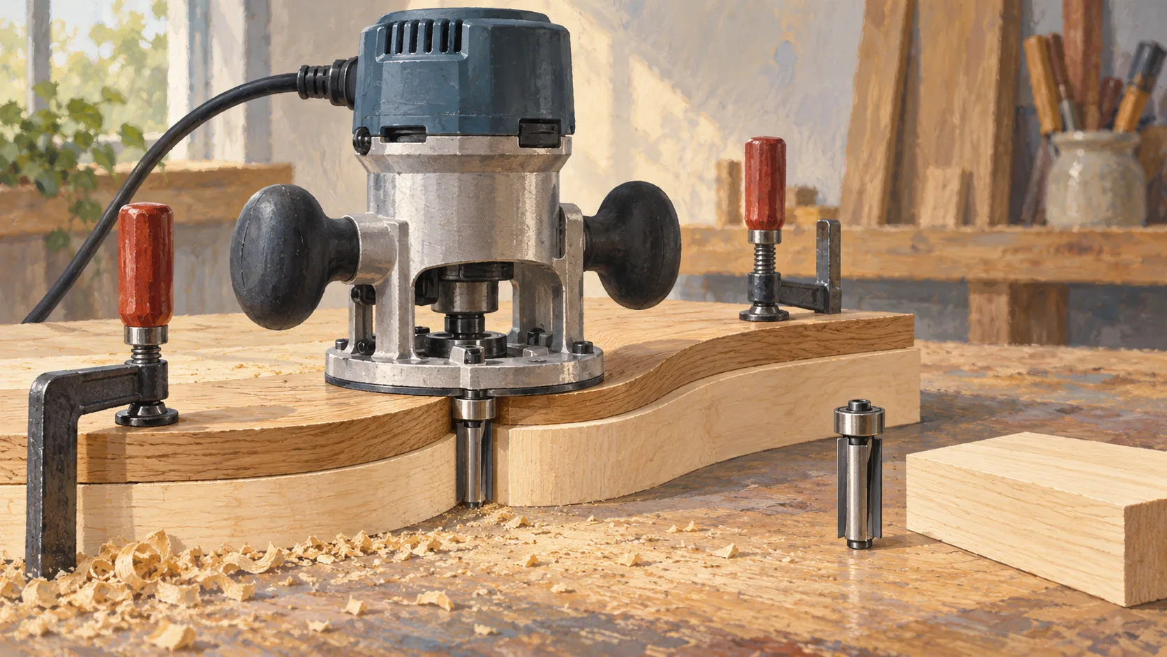 A router bearing follows a curved wooden guide while a spare bit lacks a guide
