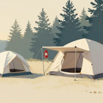 A small one-person tent and a large family tent side by side at a campsite
